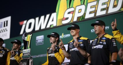 NEWTON, IOWA - JUNE 16: Ryan Blaney, driver of the #12 Advance Auto Parts Ford, celebrates in victory lane after winning during the NASCAR Cup Series Iowa Corn 350 at Iowa Speedway on June 16, 2024 in Newton, Iowa.  (Photo by James Gilbert/Getty Images) | Getty Images