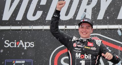 LOUDON, NEW HAMPSHIRE - JUNE 22: Christopher Bell, driver of the #20 Mobil 1 Toyota, celebrates in victory lane after winning the NASCAR Xfinity Series SciAps 200 at New Hampshire Motor Speedway on June 22, 2024 in Loudon, New Hampshire. (Photo by Jonathan Bachman/Getty Images) | Getty Images