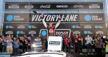 LOUDON, NEW HAMPSHIRE - JUNE 23: Christopher Bell, driver of the #20 Rheem Toyota, celebrates in victory lane after winning the NASCAR Cup Series Today 301 at New Hampshire Motor Speedway on June 23, 2024 in Loudon, New Hampshire. (Photo by Jonathan Bachman/Getty Images) | Getty Images