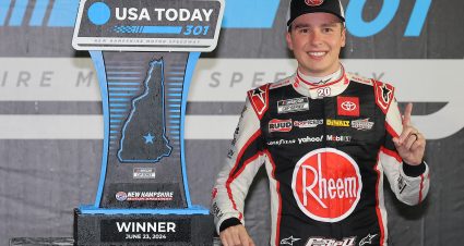 LOUDON, NEW HAMPSHIRE - JUNE 23: Christopher Bell, driver of the #20 Rheem Toyota, celebrates in victory lane after winning the NASCAR Cup Series Today 301 at New Hampshire Motor Speedway on June 23, 2024 in Loudon, New Hampshire. (Photo by Jonathan Bachman/Getty Images) | Getty Images