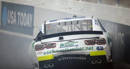 LOUDON, NEW HAMPSHIRE - JUNE 22: Leland Honeyman, driver of the #42 RANDCO Industries Chevrolet, spins into the wall after an on-track incident during the NASCAR Xfinity Series SciAps 200 at New Hampshire Motor Speedway on June 22, 2024 in Loudon, New Hampshire. (Photo by Sean Gardner/Getty Images) | Getty Images