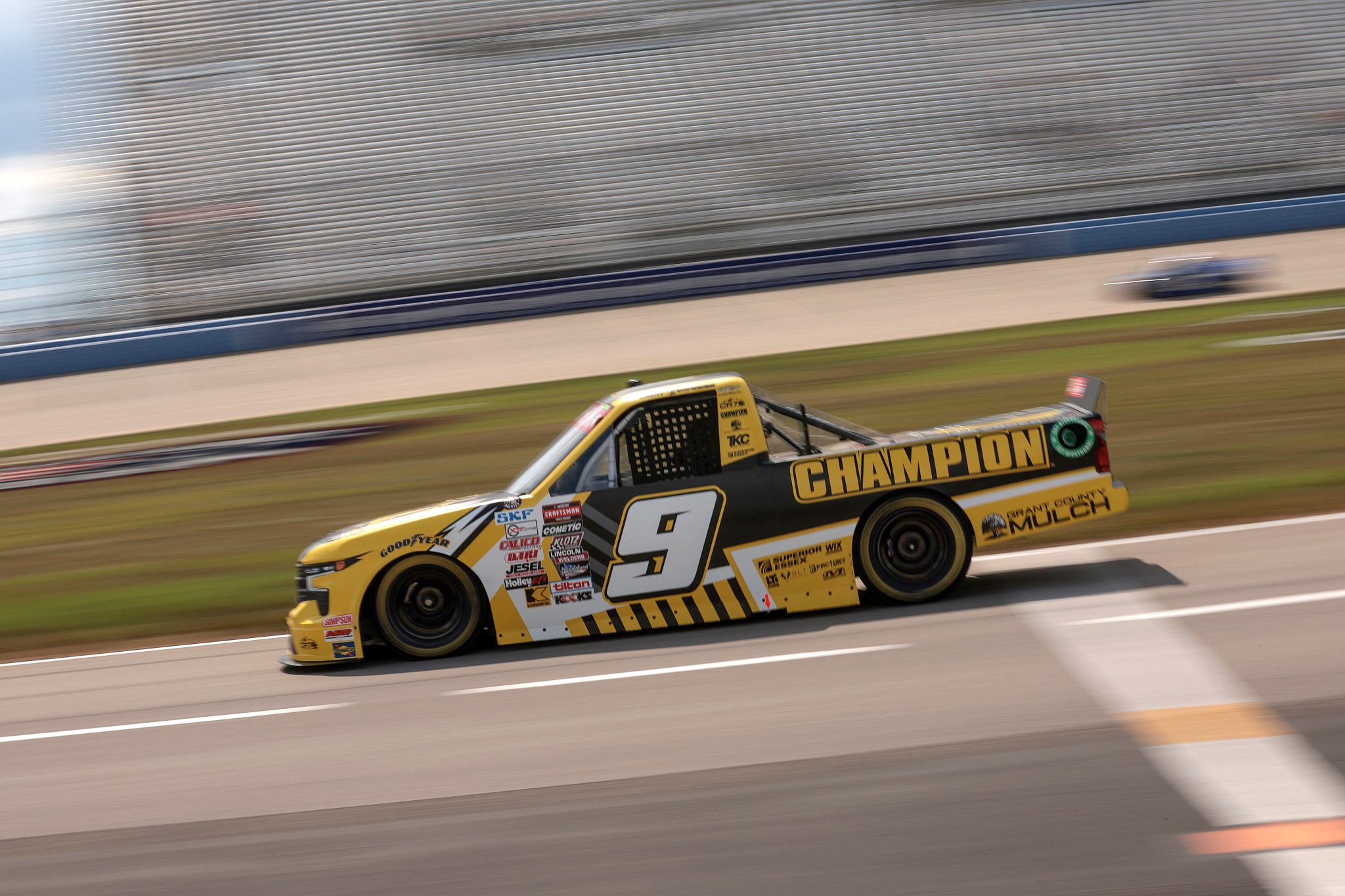 LEBANON, TENNESSEE - JUNE 28: Grant Enfinger, driver of the #9 Champion Power Equipment Chevrolet, drives during practice for the NASCAR Craftsman Truck Series Rackley Roofing 200 at Nashville Superspeedway on June 28, 2024 in Lebanon, Tennessee. (Photo by James Gilbert/Getty Images) | Getty Images