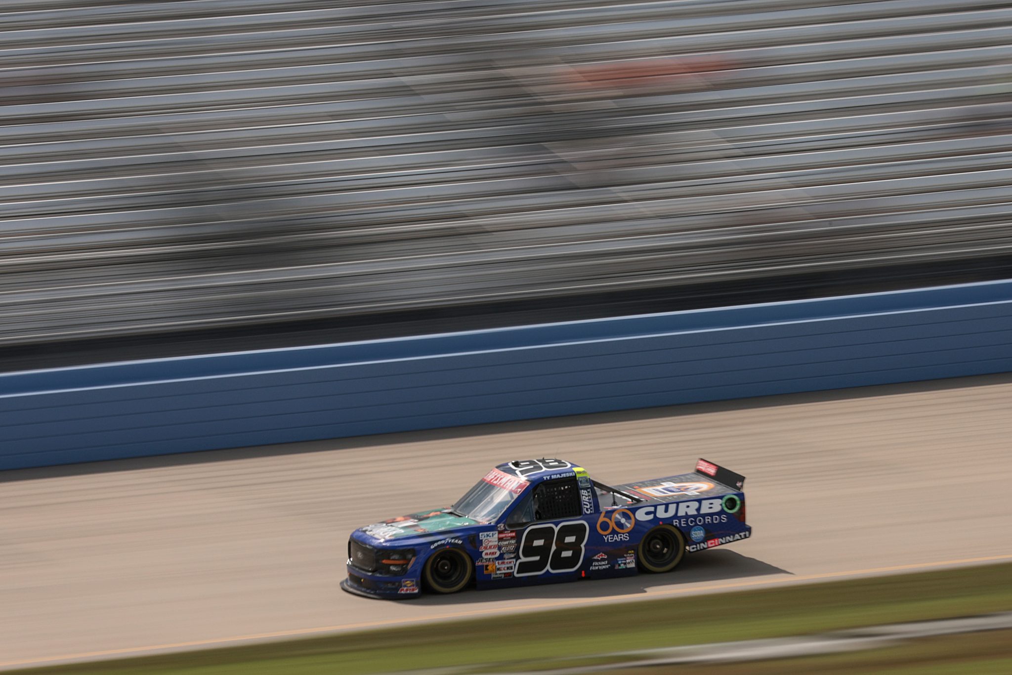 LEBANON, TENNESSEE - JUNE 28: Ty Majeski, driver of the #98 Curb Records 60 Years Ford, drives during practice for the NASCAR Craftsman Truck Series Rackley Roofing 200 at Nashville Superspeedway on June 28, 2024 in Lebanon, Tennessee. (Photo by James Gilbert/Getty Images) | Getty Images