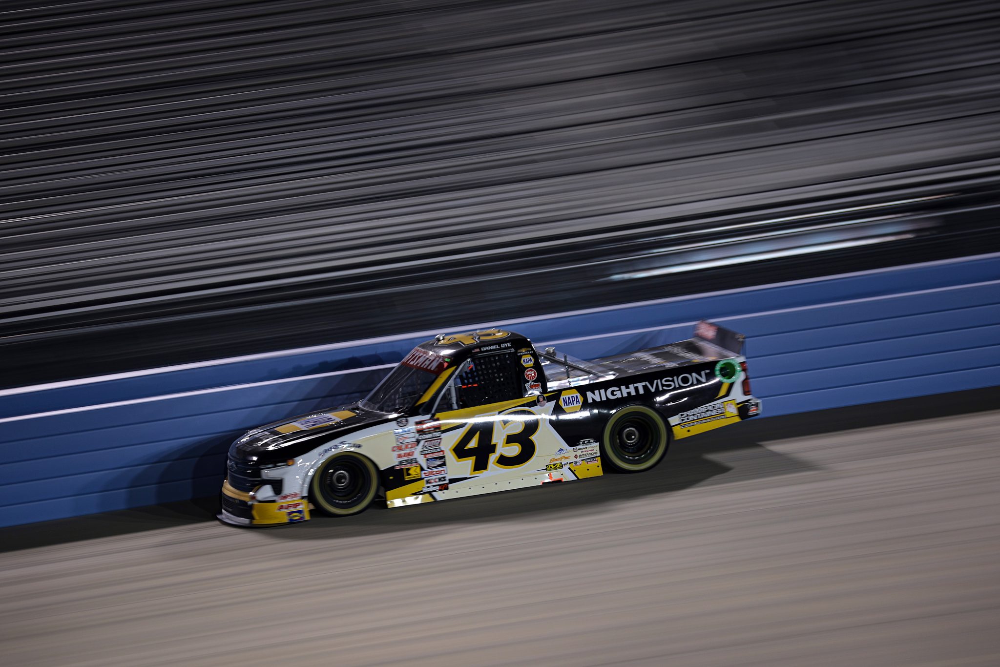 LEBANON, TENNESSEE - JUNE 28: Daniel Dye, driver of the #43 NAPA Nightvision Chevrolet, drives during the NASCAR Craftsman Truck Series Rackley Roofing 200 at Nashville Superspeedway on June 28, 2024 in Lebanon, Tennessee. (Photo by James Gilbert/Getty Images) | Getty Images