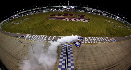 LEBANON, TENNESSEE - JUNE 28: Christian Eckes, driver of the #19 Adaptive One Calipers Chevrolet, celebrates with a burnout after winning the NASCAR Craftsman Truck Series Rackley Roofing 200 at Nashville Superspeedway on June 28, 2024 in Lebanon, Tennessee. (Photo by Sean Gardner/Getty Images) | Getty Images