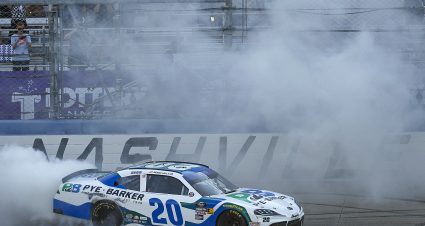 LEBANON, TENNESSEE - JUNE 29: John Hunter Nemechek, driver of the #20 Pye Barker Fire & Safety Toyota, celebrates with a burnout after winning the NASCAR Xfinity Series Tennessee Lottery 250 at Nashville Superspeedway on June 29, 2024 in Lebanon, Tennessee. (Photo by Sean Gardner/Getty Images) | Getty Images
