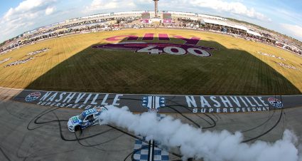 LEBANON, TENNESSEE - JUNE 29: John Hunter Nemechek, driver of the #20 Pye Barker Fire & Safety Toyota, celebrates with a burnout after winning the NASCAR Xfinity Series Tennessee Lottery 250 at Nashville Superspeedway on June 29, 2024 in Lebanon, Tennessee. (Photo by James Gilbert/Getty Images) | Getty Images