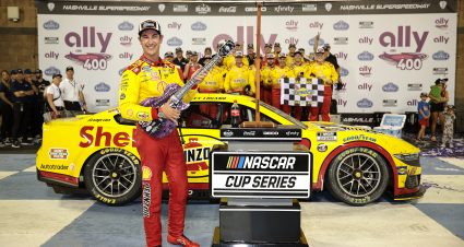 LEBANON, TENNESSEE - JUNE 30: Joey Logano, driver of the #22 Shell Pennzoil Ford, celebrates in victory lane after winning the NASCAR Cup Series Ally 400 at Nashville Superspeedway on June 30, 2024 in Lebanon, Tennessee. (Photo by James Gilbert/Getty Images) | Getty Images