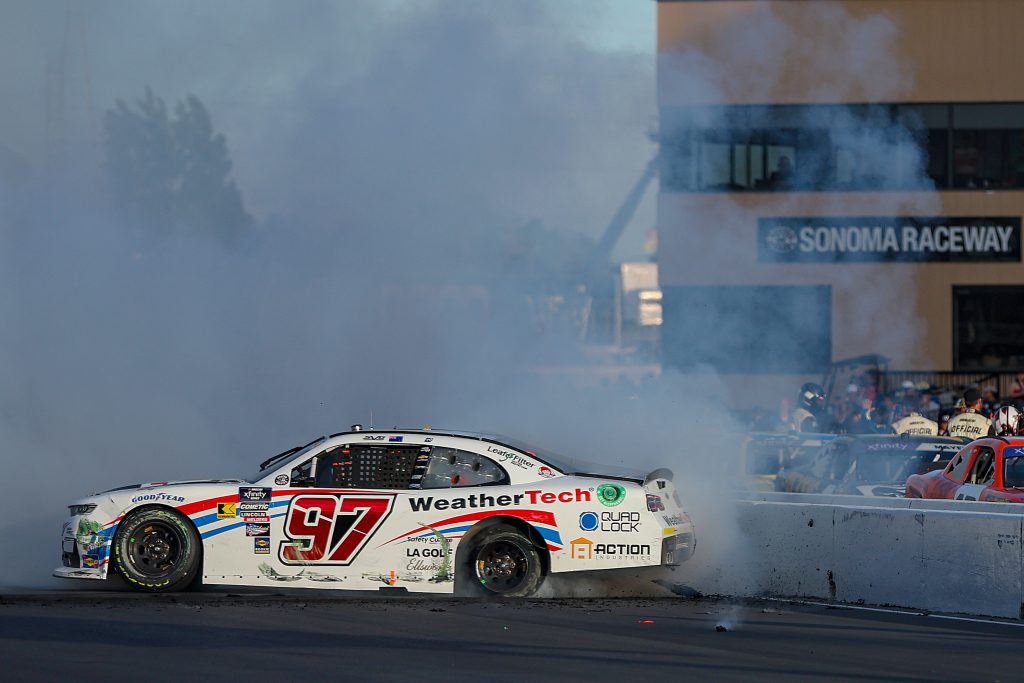 SONOMA, CALIFORNIA - JUNE 08: Shane Van Gisbergen, driver of the #97 WeatherTech Chevrolet, celebrates with a burnout after winning the NASCAR Xfinity Series Zip Buy Now, Pay Later 250 at Sonoma Raceway on June 08, 2024 in Sonoma, California. (Photo by Meg Oliphant/Getty Images) | Getty Images