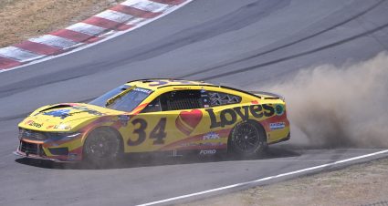 SONOMA, CALIFORNIA - JUNE 09: Michael McDowell, driver of the #34 Love's Travel Stops Ford, spins after an on-track incident during the NASCAR Cup Series Toyota/Save Mart 350 at Sonoma Raceway on June 09, 2024 in Sonoma, California. (Photo by Logan Riely/Getty Images) | Getty Images
