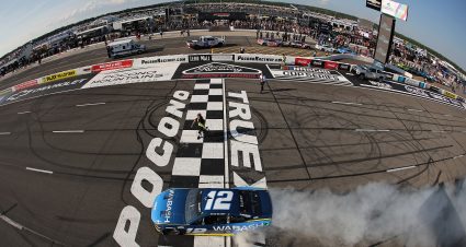 LONG POND, PENNSYLVANIA - JULY 14: Ryan Blaney, driver of the #12 Wabash Ford, celebrates with a burnout after winning the NASCAR Cup Series The Great American Getaway 400 Presented by VISITPA.com at Pocono Raceway on July 14, 2024 in Long Pond, Pennsylvania. (Photo by Jonathan Bachman/Getty Images) | Getty Images