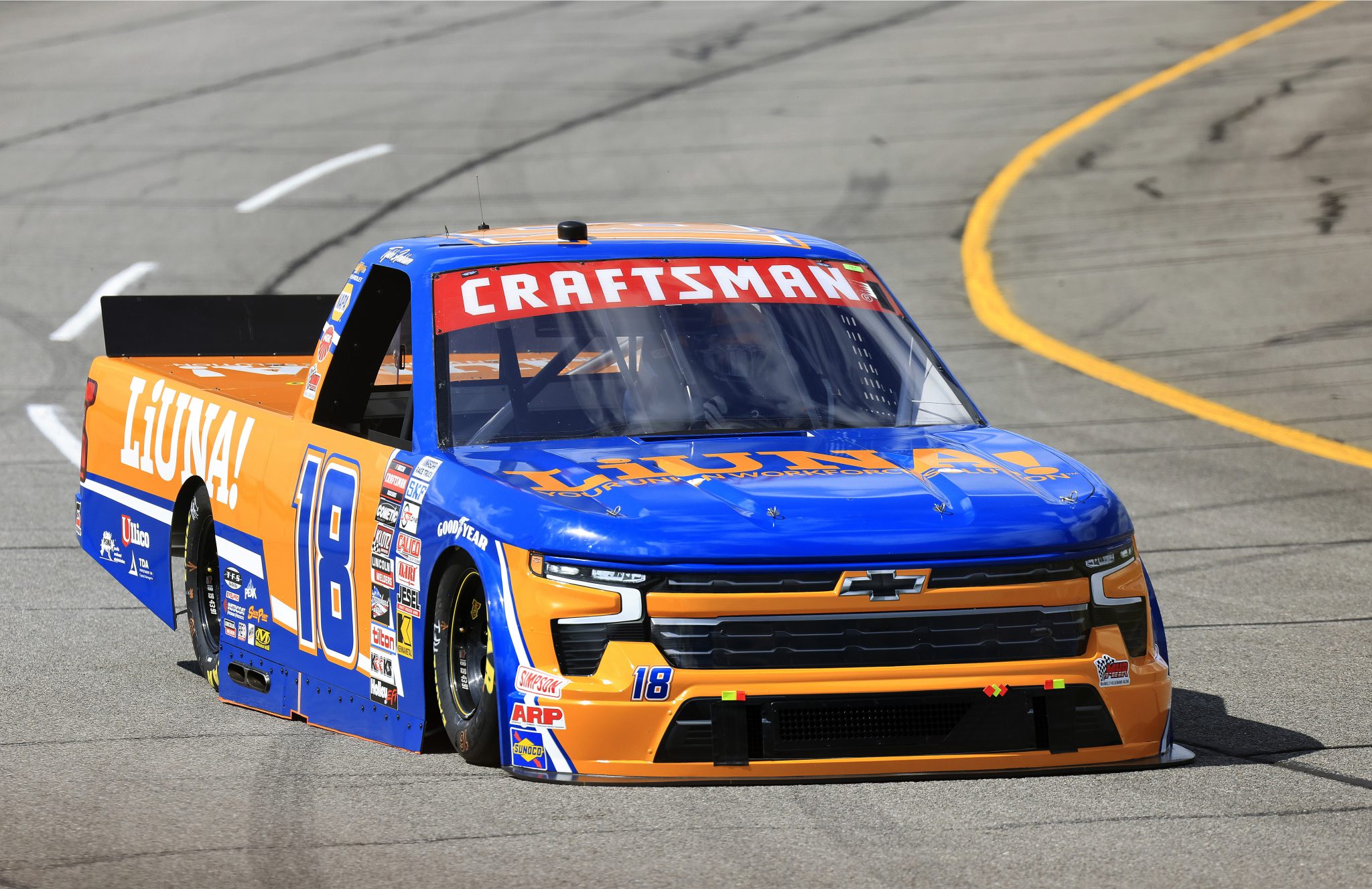 INDIANAPOLIS, INDIANA - JULY 19: Tyler Ankrum, driver of the #18 LiUNA! Chevrolet, drives during practice for the NASCAR Craftsman Truck Series TSport 200 at Indianapolis Raceway Park on July 19, 2024 in Indianapolis, Indiana. (Photo by Justin Casterline/Getty Images) | Getty Images