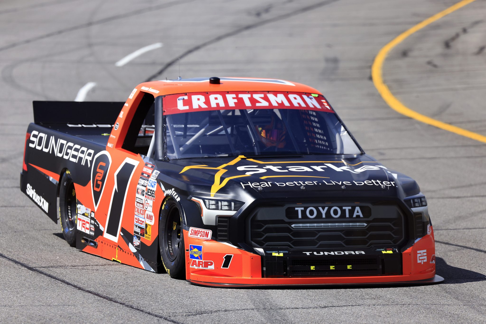 INDIANAPOLIS, INDIANA - JULY 19: William Sawalich, driver of the #1 Starkey/Soundgear Toyota, drives during practice for the NASCAR Craftsman Truck Series TSport 200 at Indianapolis Raceway Park on July 19, 2024 in Indianapolis, Indiana. (Photo by Justin Casterline/Getty Images) | Getty Images