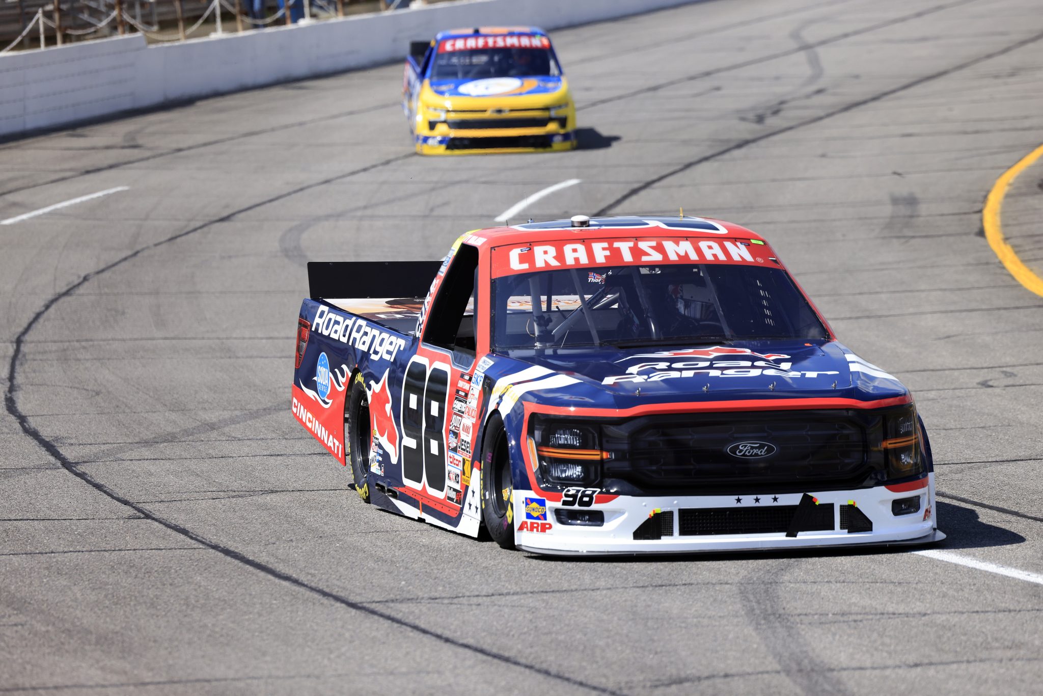 INDIANAPOLIS, INDIANA - JULY 19: Ty Majeski, driver of the #98 Road Ranger Ford, drives during practice for the NASCAR Craftsman Truck Series TSport 200 at Indianapolis Raceway Park on July 19, 2024 in Indianapolis, Indiana. (Photo by Justin Casterline/Getty Images) | Getty Images