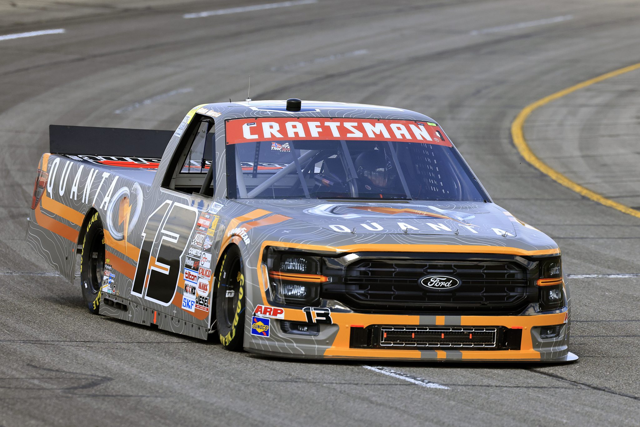 INDIANAPOLIS, INDIANA - JULY 19: Jake Garcia, driver of the #13 Quanta Services Ford, drives during practice for the NASCAR Craftsman Truck Series TSport 200 at Indianapolis Raceway Park on July 19, 2024 in Indianapolis, Indiana. (Photo by Justin Casterline/Getty Images) | Getty Images