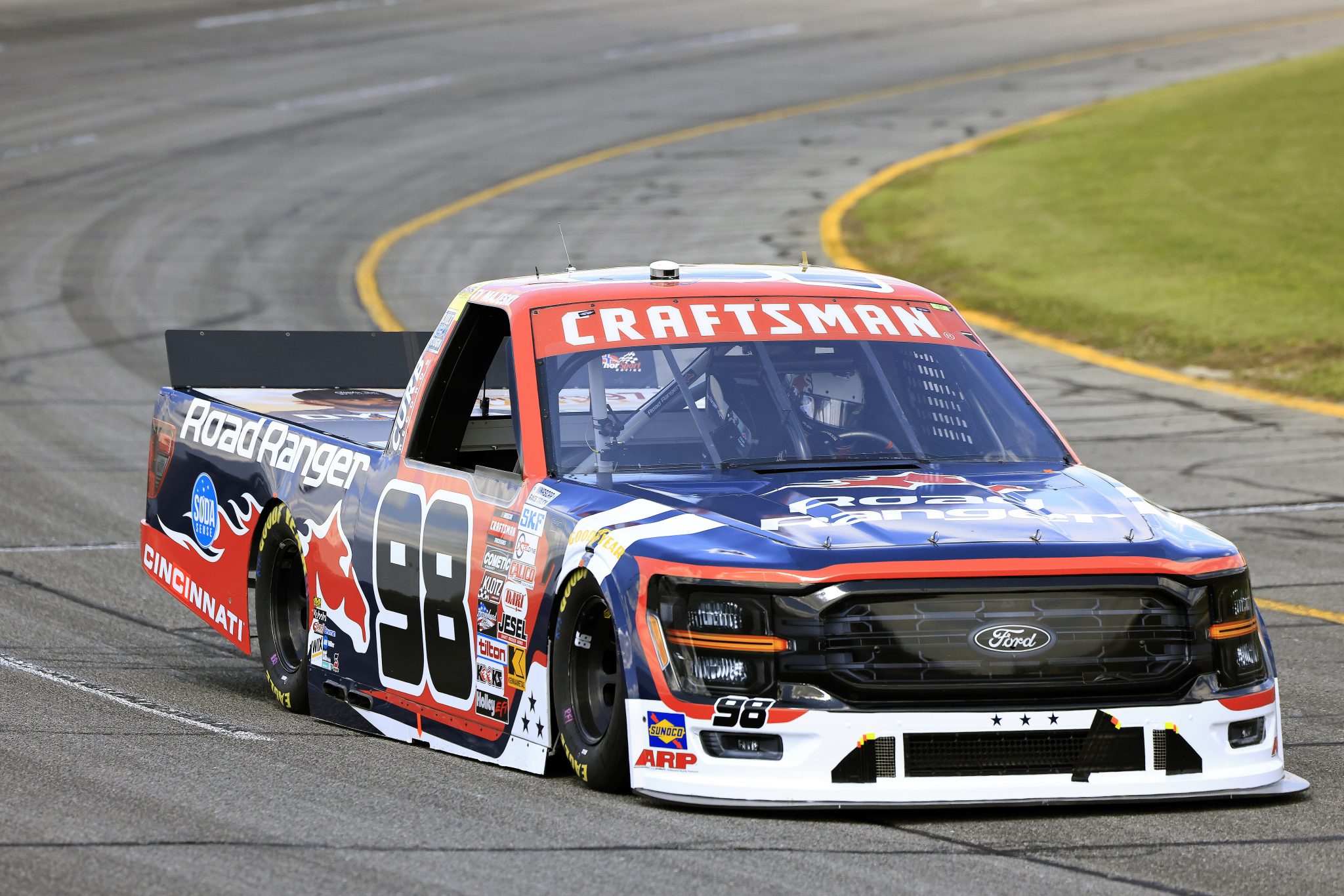 INDIANAPOLIS, INDIANA - JULY 19: Ty Majeski, driver of the #98 Road Ranger Ford, drives during practice for the NASCAR Craftsman Truck Series TSport 200 at Indianapolis Raceway Park on July 19, 2024 in Indianapolis, Indiana. (Photo by Justin Casterline/Getty Images) | Getty Images