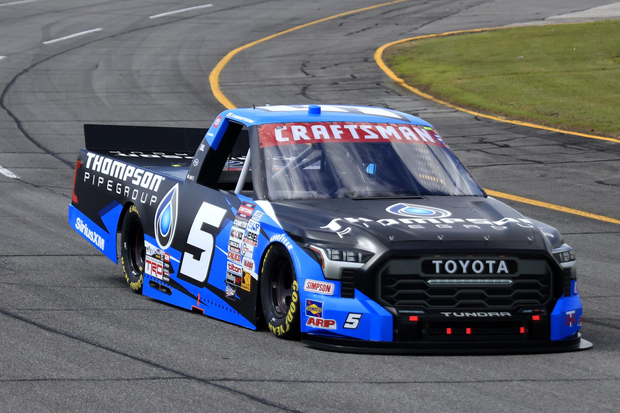INDIANAPOLIS, INDIANA - JULY 19: Dean Thompson, driver of the #5 Thompson Pipe Group Toyota, drives during qualifying for the NASCAR Craftsman Truck Series TSport 200 at Indianapolis Raceway Park on July 19, 2024 in Indianapolis, Indiana. (Photo by Justin Casterline/Getty Images) | Getty Images