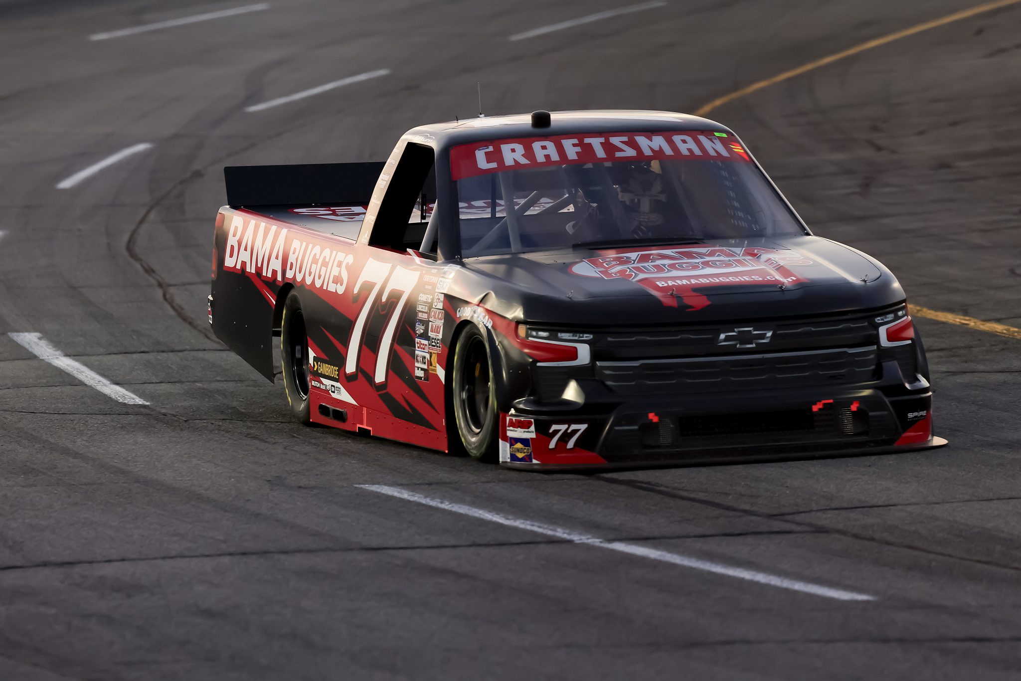 INDIANAPOLIS, INDIANA - JULY 19: Chase Purdy, driver of the #77 Bama Buggies Chevrolet, drives during the NASCAR Craftsman Truck Series TSport 200 at Indianapolis Raceway Park on July 19, 2024 in Indianapolis, Indiana. (Photo by Justin Casterline/Getty Images) | Getty Images