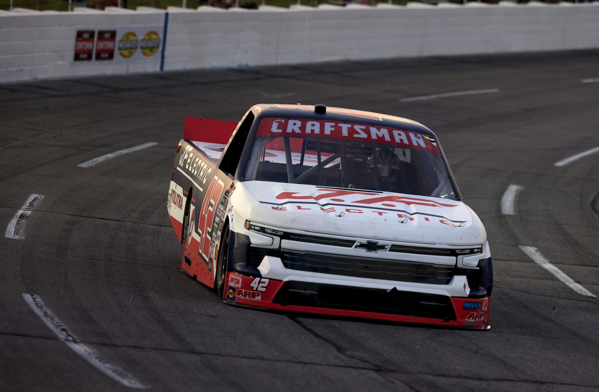INDIANAPOLIS, INDIANA - JULY 19: Matt Mills, driver of the #42 J.F. Electric/Utilitra Chevrolet, drives during the NASCAR Craftsman Truck Series TSport 200 at Indianapolis Raceway Park on July 19, 2024 in Indianapolis, Indiana. (Photo by Justin Casterline/Getty Images) | Getty Images