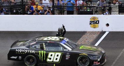 INDIANAPOLIS, INDIANA - JULY 20: Riley Herbst, driver of the #98 Monster Energy Ford, celebrates at the bricks after winning the NASCAR Xfinity Series Pennzoil 250 at Indianapolis Motor Speedway on July 20, 2024 in Indianapolis, Indiana. (Photo by Justin Casterline/Getty Images) | Getty Images