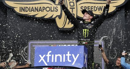 INDIANAPOLIS, INDIANA - JULY 20: Riley Herbst, driver of the #98 Monster Energy Ford, celebrates in victory lane after winning the NASCAR Xfinity Series Pennzoil 250 at Indianapolis Motor Speedway on July 20, 2024 in Indianapolis, Indiana. (Photo by Sean Gardner/Getty Images) | Getty Images