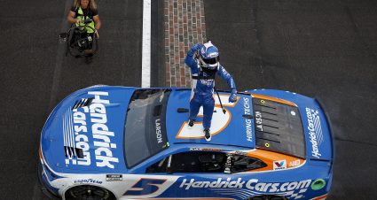 INDIANAPOLIS, INDIANA - JULY 21: Kyle Larson, driver of the #5 HendrickCars.com Chevrolet, celebrates after winning the NASCAR Cup Series Brickyard 400 at Indianapolis Motor Speedway on July 21, 2024 in Indianapolis, Indiana. (Photo by Sean Gardner/Getty Images) | Getty Images
