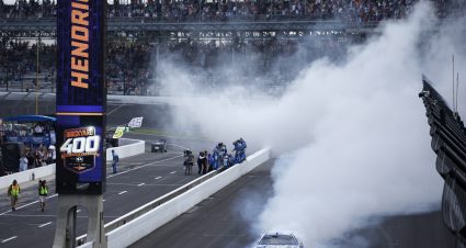 INDIANAPOLIS, INDIANA - JULY 21: Kyle Larson, driver of the #5 HendrickCars.com Chevrolet, celebrates with a burnout after winning the NASCAR Cup Series Brickyard 400 at Indianapolis Motor Speedway on July 21, 2024 in Indianapolis, Indiana. (Photo by Sean Gardner/Getty Images) | Getty Images