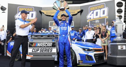INDIANAPOLIS, INDIANA - JULY 21: Kyle Larson, driver of the #5 HendrickCars.com Chevrolet, celebrates in victory lane after winning the NASCAR Cup Series Brickyard 400 at Indianapolis Motor Speedway on July 21, 2024 in Indianapolis, Indiana. (Photo by Justin Casterline/Getty Images) | Getty Images