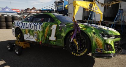 NEWTON, IOWA - JUNE 14: Ross Chastain, driver of the #1 Busch Light For The Farmers Chevrolet,  looks on as his car is brought to the garage area on a new wrecker to help support flat tires during practice for the NASCAR Cup Series Iowa Corn 350 at Iowa Speedway on June 14, 2024 in Newton, Iowa.  (Photo by Sean Gardner/Getty Images) | Getty Images