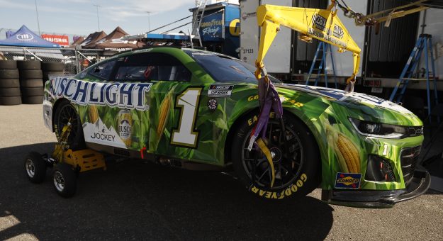 NEWTON, IOWA - JUNE 14: Ross Chastain, driver of the #1 Busch Light For The Farmers Chevrolet,  looks on as his car is brought to the garage area on a new wrecker to help support flat tires during practice for the NASCAR Cup Series Iowa Corn 350 at Iowa Speedway on June 14, 2024 in Newton, Iowa.  (Photo by Sean Gardner/Getty Images) | Getty Images