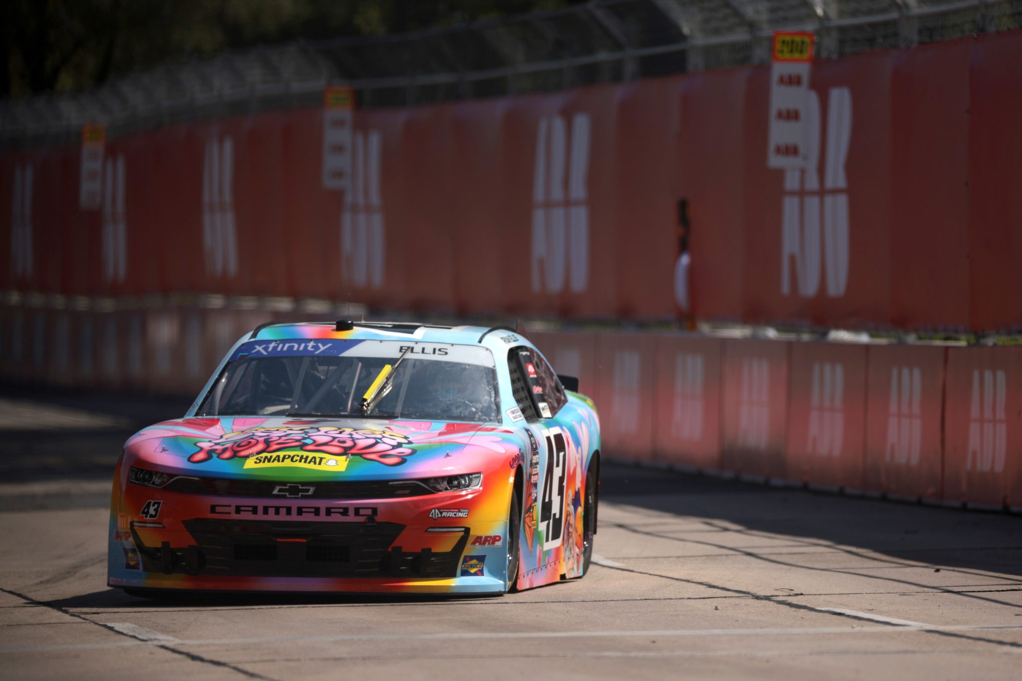 CHICAGO, ILLINOIS - JULY 06: Ryan Ellis, driver of the #43 Snapchat Less Likes More Love Chevrolet, drives during qualifying for the NASCAR Xfinity Series The Loop 110 at Chicago Street Course on July 06, 2024 in Chicago, Illinois. (Photo by James Gilbert/Getty Images) | Getty Images