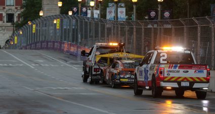 CHICAGO, ILLINOIS - JULY 07: The #16 Wendy's Saucy Nuggs Chevrolet, driven by Shane Van Gisbergen is towed off track after an incident during the NASCAR Cup Series Grant Park 165 at Chicago Street Course on July 07, 2024 in Chicago, Illinois. (Photo by Meg Oliphant/Getty Images) | Getty Images