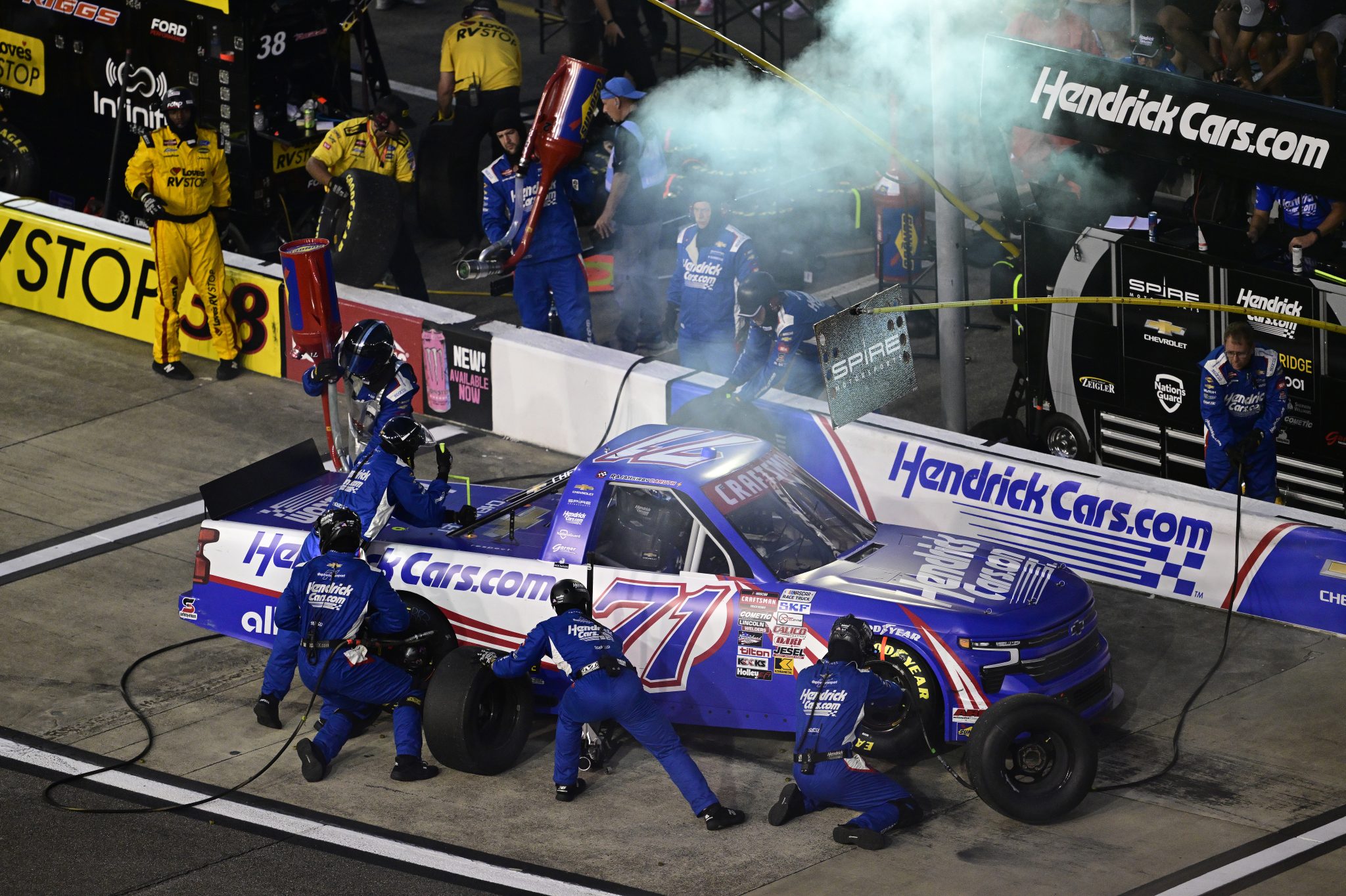 RICHMOND, VIRGINIA - AUGUST 10: Rajah Caruth, driver of the #71 HendrickCars.com Chevrolet, pits during the NASCAR Craftsman Truck Series Clean Harbors 250 at Richmond Raceway on August 10, 2024 in Richmond, Virginia. (Photo by Logan Whitton/Getty Images) | Getty Images
