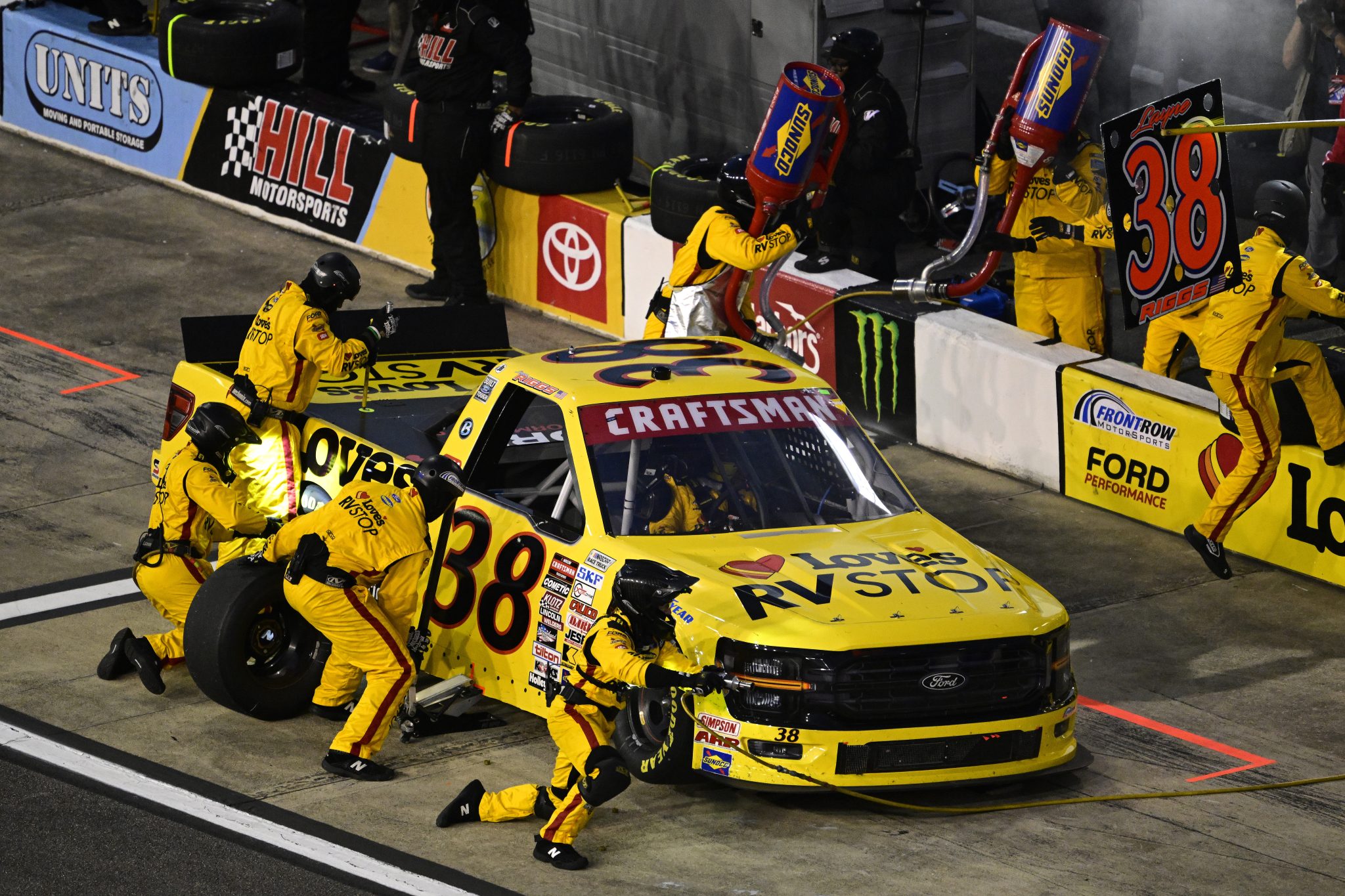 RICHMOND, VIRGINIA - AUGUST 10: Layne Riggs, driver of the #38 Love's RV Stops Ford, pits during the NASCAR Craftsman Truck Series Clean Harbors 250 at Richmond Raceway on August 10, 2024 in Richmond, Virginia. (Photo by Logan Whitton/Getty Images) | Getty Images