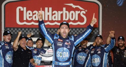 RICHMOND, VIRGINIA - AUGUST 10: Ty Majeski, driver of the #98 Soda Sense/Curb Records Ford, celebrates in victory lane after winning the NASCAR Craftsman Truck Series Clean Harbors 250 at Richmond Raceway on August 10, 2024 in Richmond, Virginia. (Photo by Sean Gardner/Getty Images) | Getty Images