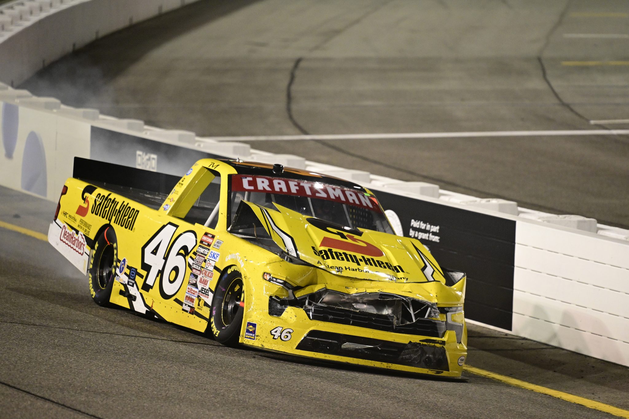 RICHMOND, VIRGINIA - AUGUST 10: Thad Moffitt, driver of the #46 Safety Kleen Chevrolet, drives after an on-track incident during the NASCAR Craftsman Truck Series Clean Harbors 250 at Richmond Raceway on August 10, 2024 in Richmond, Virginia. (Photo by Logan Whitton/Getty Images) | Getty Images