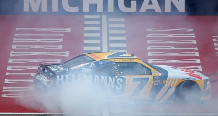 BROOKLYN, MICHIGAN - AUGUST 17: Justin Allgaier, driver of the #7 Hellmann's/Meijer Chevrolet, celebrates with a burnout after winning the NASCAR Xfinity Series Cabo Wabo 250 at Michigan International Speedway on August 17, 2024 in Brooklyn, Michigan. (Photo by Jonathan Bachman/Getty Images) | Getty Images