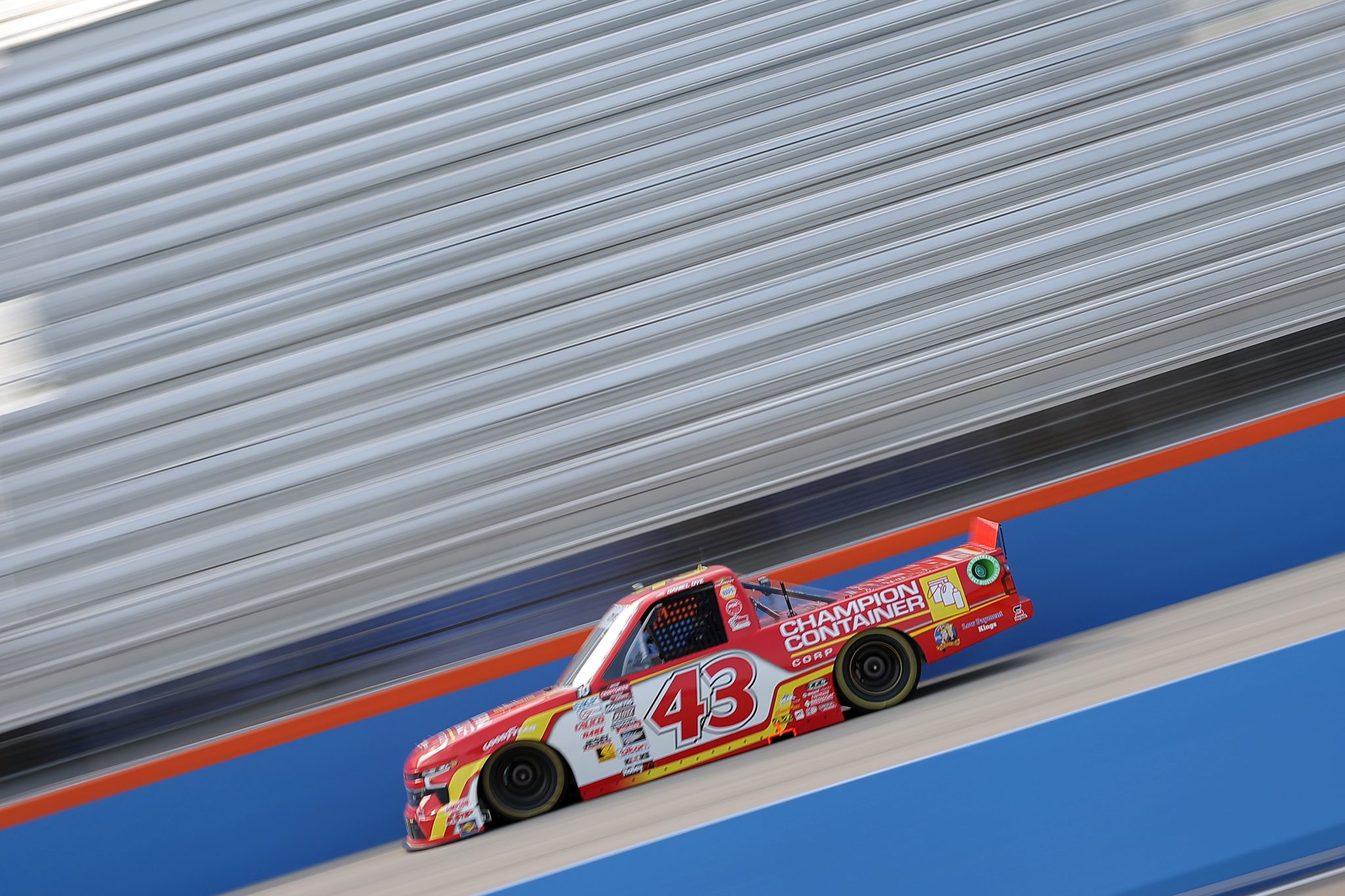 WEST ALLIS, WISCONSIN - AUGUST 24: Daniel Dye, driver of the #43 Champion Container Chevrolet, drives during practice for the NASCAR Craftsman Truck Series The Milwaukee Mile at The Milwaukee Mile on August 24, 2024 in West Allis, Wisconsin. (Photo by Jonathan Bachman/Getty Images) | Getty Images