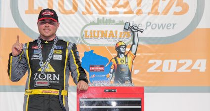 WEST ALLIS, WISCONSIN - AUGUST 25: Layne Riggs, driver of the #38 Zorn Compressor & Equipment Ford, celebrates in victory lane after winning the NASCAR Craftsman Truck Series The Milwaukee Mile at The Milwaukee Mile on August 25, 2024 in West Allis, Wisconsin. (Photo by Jonathan Bachman/Getty Images) | Getty Images