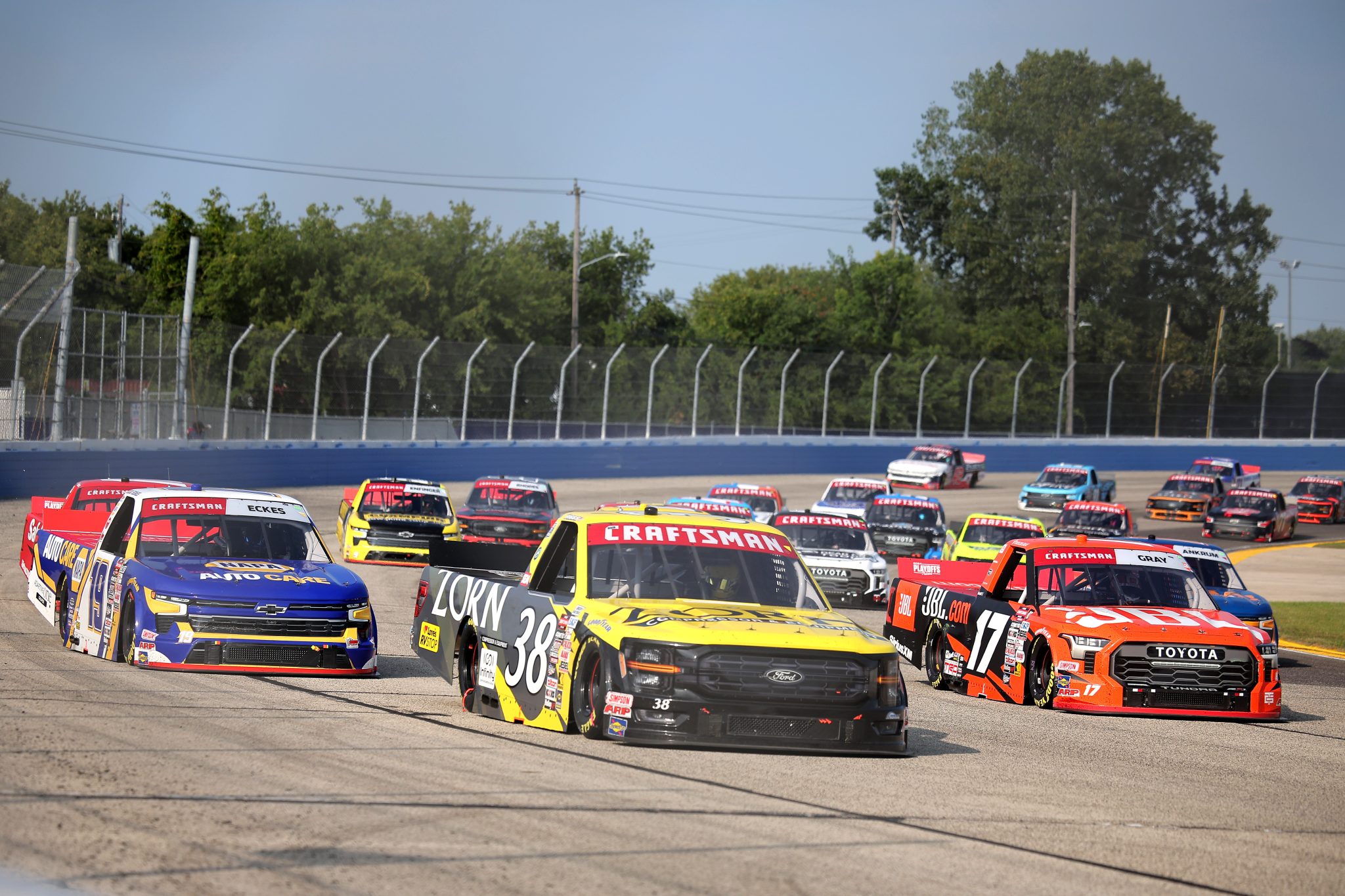 WEST ALLIS, WISCONSIN - AUGUST 25: Layne Riggs, driver of the #38 Zorn Compressor & Equipment Ford, leads the field during the NASCAR Craftsman Truck Series The Milwaukee Mile at The Milwaukee Mile on August 25, 2024 in West Allis, Wisconsin. (Photo by Jonathan Bachman/Getty Images) | Getty Images
