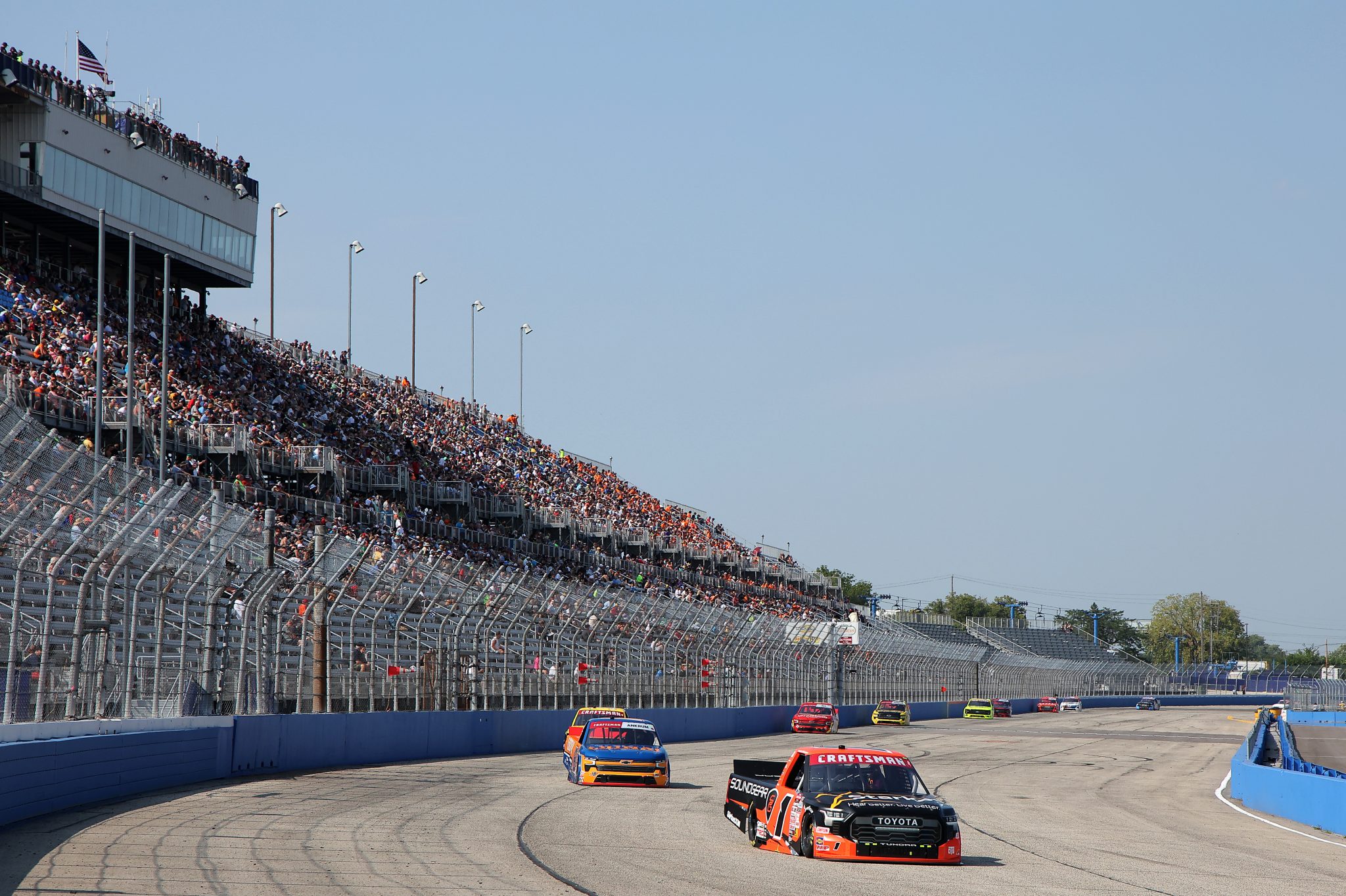 WEST ALLIS, WISCONSIN - AUGUST 25: William Sawalich, driver of the #1 Starkey/Soundgear Toyota, drives during the NASCAR Craftsman Truck Series The Milwaukee Mile at The Milwaukee Mile on August 25, 2024 in West Allis, Wisconsin. (Photo by Jonathan Bachman/Getty Images) | Getty Images