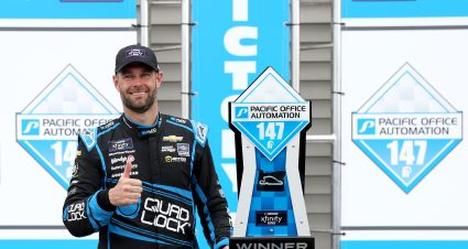 PORTLAND, OREGON - JUNE 01: Shane Van Gisbergen, driver of the #97 Quad Lock Chevrolet, celebrates in victory lane after winning the NASCAR Xfinity Series Pacific Office Automation 147 at Portland International Raceway on June 01, 2024 in Portland, Oregon. (Photo by Meg Oliphant/Getty Images) | Getty Images