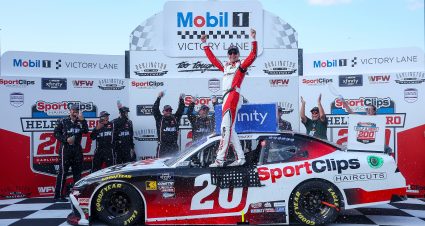DARLINGTON, SOUTH CAROLINA - AUGUST 31: Christopher Bell, driver of the #20 Sport Clips Haircuts Toyota, celebrates in victory lane after winning the NASCAR Xfinity Series Sport Clips Haircuts VFW Help a Hero 200 at Darlington Raceway on August 31, 2024 in Darlington, South Carolina. (Photo by Meg Oliphant/Getty Images) | Getty Images