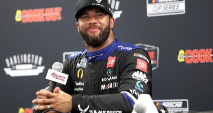 DARLINGTON, SOUTH CAROLINA - AUGUST 31: Bubba Wallace, driver of the #23 U.S. Air Force Toyota, speaks to the media after winning the pole award during qualifying for the NASCAR Cup Series Cook Out Southern 500 at Darlington Raceway on August 31, 2024 in Darlington, South Carolina. (Photo by Meg Oliphant/Getty Images) | Getty Images