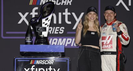AVONDALE, ARIZONA - NOVEMBER 04: Cole Custer, driver of the #00 Haas Automation Ford, and wife, Kari Custer celebrate in victory lane after winning the NASCAR Xfinity Series Championship at Phoenix Raceway on November 04, 2023 in Avondale, Arizona. (Photo by Sean Gardner/Getty Images) | Getty Images