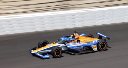 INDIANAPOLIS, INDIANA - MAY 24: Kyle Larson, driver of the #17 Hendrickcars.com Arrow McLaren, drives during practice at Carb Day at Indianapolis Motor Speedway on May 24, 2024 in Indianapolis, Indiana. (Photo by Justin Casterline/Getty Images) | Getty Images