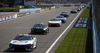 WATKINS GLEN, NEW YORK - AUGUST 20: William Byron, driver of the #24 Valvoline Chevrolet, Ty Gibbs, driver of the #54 Monster Energy Toyota, and AJ Allmendinger, driver of the #16 Celsius Chevrolet, race during the NASCAR Cup Series Go Bowling at The Glen at Watkins Glen International on August 20, 2023 in Watkins Glen, New York. (Photo by Sean Gardner/Getty Images) | Getty Images