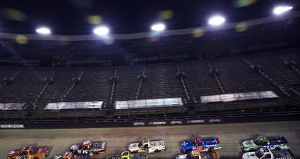 BRISTOL, TENNESSEE - SEPTEMBER 14: Ben Rhodes, driver of the #99 Kubota Ford, William Sawalich, driver of the #1 Starkey/Soundgear Toyota, Tanner Gray, driver of the #15 ShopTRICON.com Toyota, Matt Crafton, driver of the #88 Black Label Bacon/Menards Ford, and Jake Garcia, driver of the #35 Quanta Services Chevrolet, race during the NASCAR Craftsman Truck Series UNOH 200 presented by Ohio Logistics at Bristol Motor Speedway on September 14, 2023 in Bristol, Tennessee. (Photo by Jared C. Tilton/Getty Images) | Getty Images