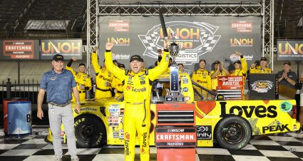 BRISTOL, TENNESSEE - SEPTEMBER 19: Layne Riggs, driver of the #38 Love's Travel Stops Ford, celebrates in victory lane after winning the NASCAR Craftsman Truck Series UNOH 200 presented by Ohio Logistics at Bristol Motor Speedway on September 19, 2024 in Bristol, Tennessee. (Photo by James Gilbert/Getty Images) | Getty Images