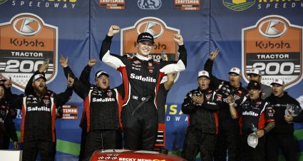 KANSAS CITY, KANSAS - SEPTEMBER 27: Corey Heim, driver of the #11 Safelite Toyota, celebrates in victory lane after winning the NASCAR Craftsman Truck Series Kubota Tractor 200 at Kansas Speedway on September 27, 2024 in Kansas City, Kansas. (Photo by Chris Graythen/Getty Images) | Getty Images